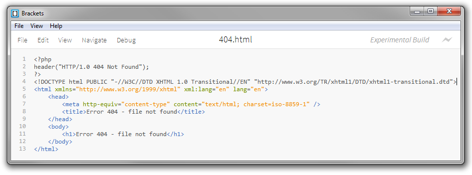 documento HTML de nuestra página de error se complementa con estas tres líneas de código PHP sobre el marcado HTML