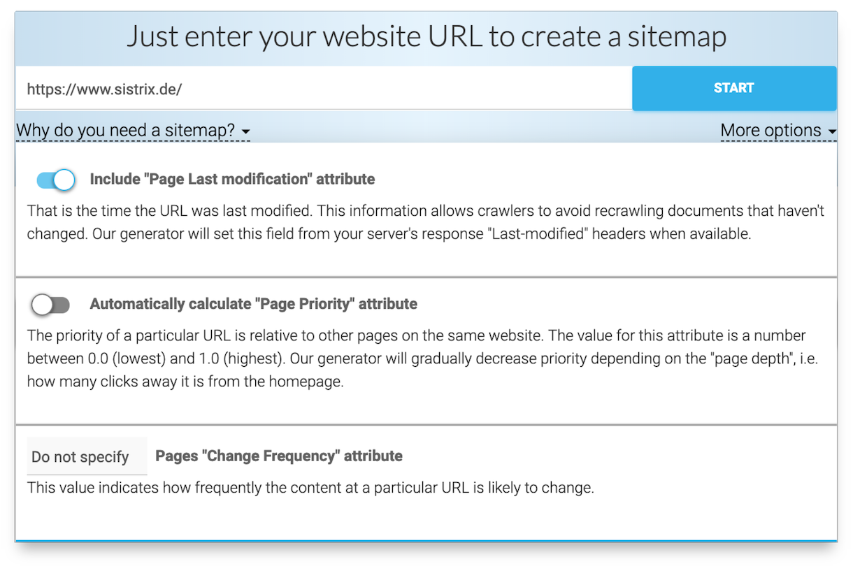  Máscara de entrada para crear tu propio sitemap XML en XML-Sitemaps.com 